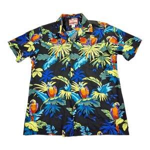 RJC Hawaiian Shirt Mens Large Black Parrot Macaw Tropical Palm Tree Short Sleeve